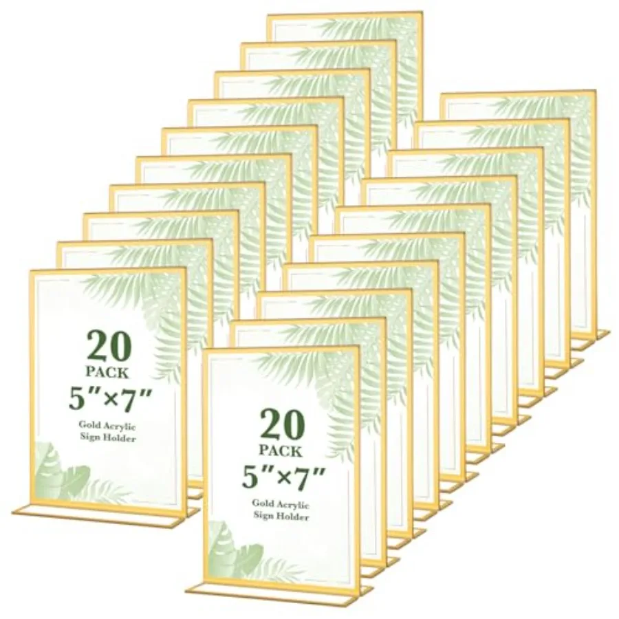 

Gold Acrylic Sign Holders 5x7 Inch, Double Sided Vertical Stand Clear Picture Frames, Table Menu Display Holders for Wedding Ta