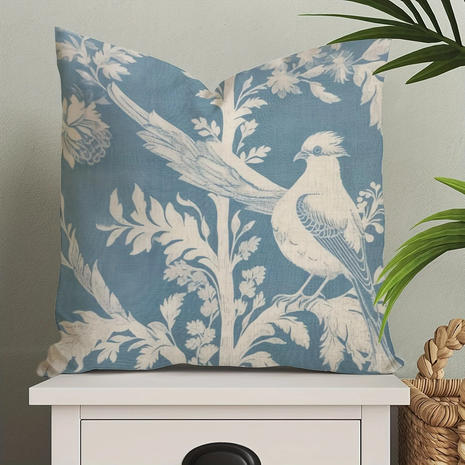 Double Sided Blue Toile De Jouy Bird Throw Pillow Cover Vintage Floral Botanical Print Decorative Cushion Cover for Home Decor