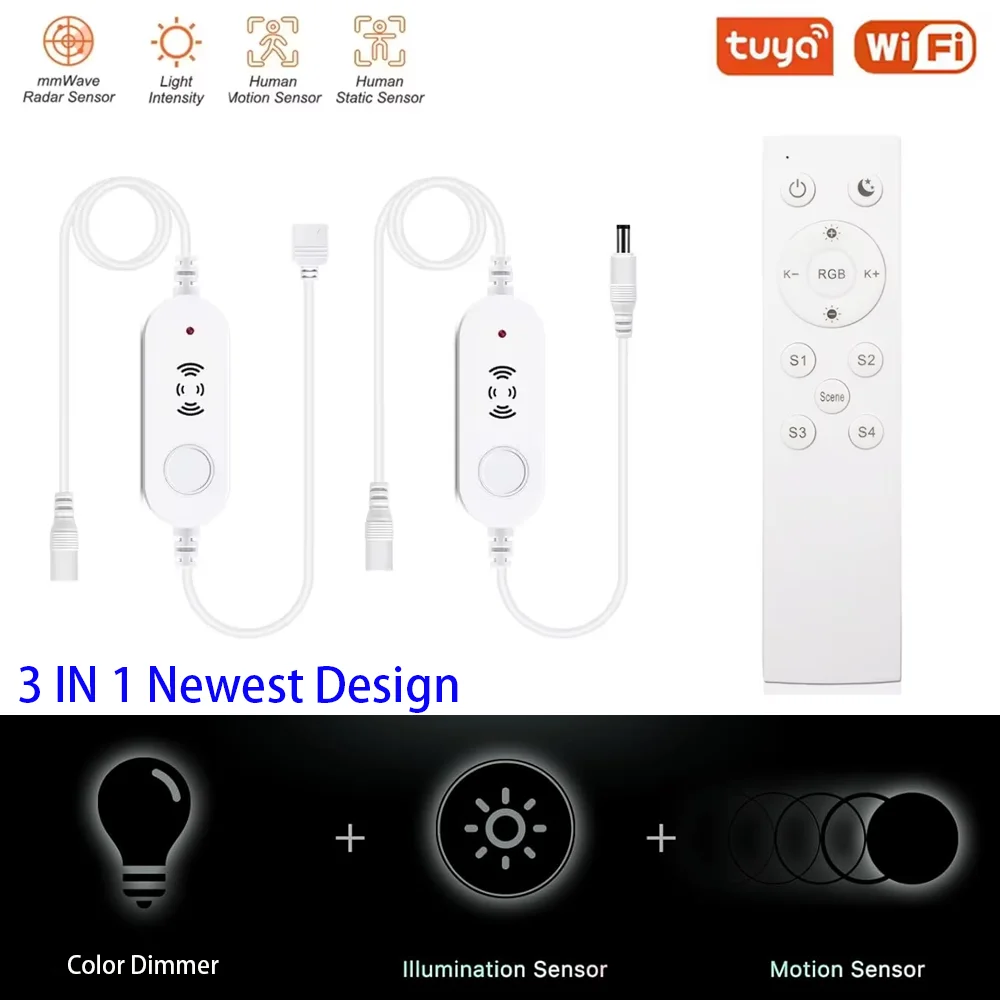 

DC12V 24V Tuya Wi-Fi светодиодный контроллер и радарный датчик движения человека 5050 3528 COB одноцветный/CCT/RGBCCT светодиодный диммер RF пульт дистанционного управления