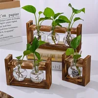 Tabletop Glass Planter Propagation Station Hydroponic Plant Vase with Wooden Tray Flower Container for Home Office Decoration