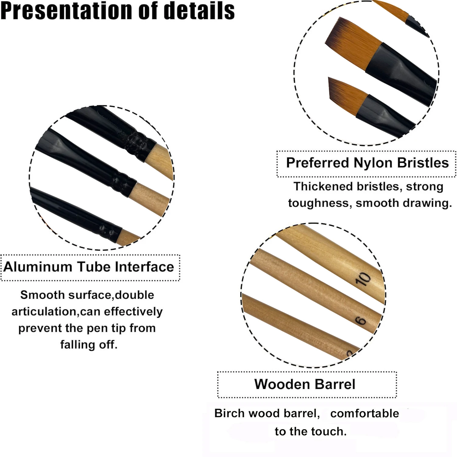 6-teiliges professionelles Pinselset, weiche Nylon-Filbert-Pinsel, eckige, flache, runde, spitze Spitzen für Aquarell-, Öl- und Acrylmalerei – Detail 3