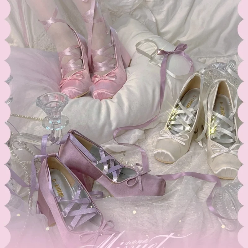 

Ballet Ribbon Cross Mary Jane High Heels Satin Surface Princess Style Slip-On Shoes for Women Fashionable Daily Wear