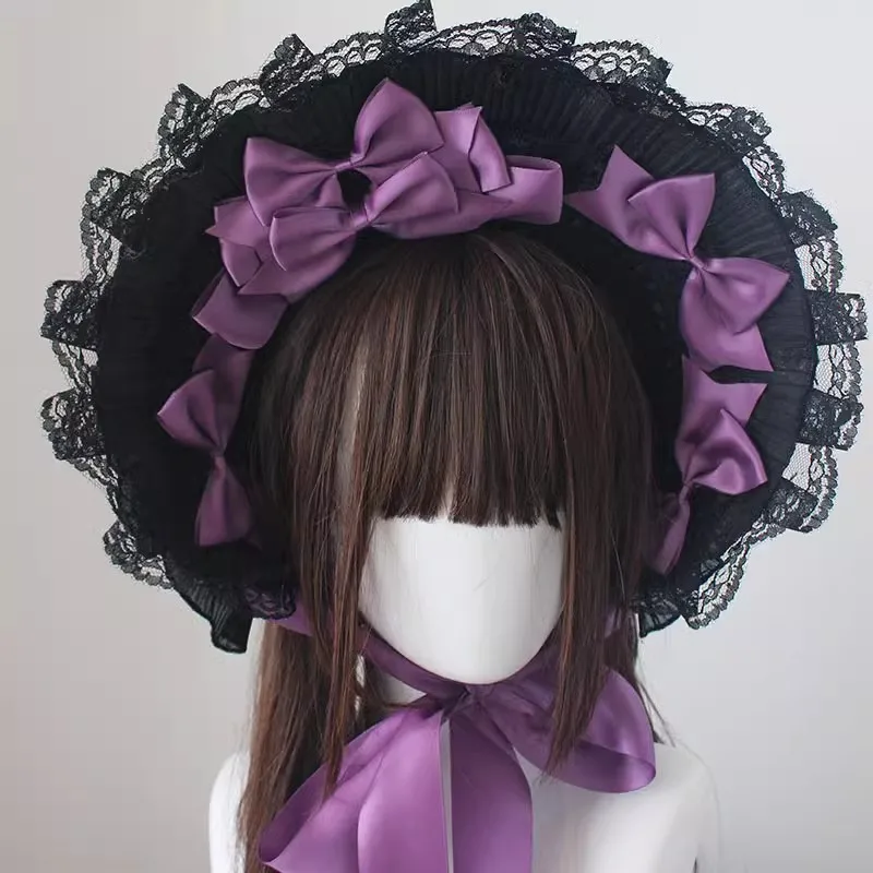 Nowa oryginalna czapka Harajuku Retro Handmade Gothic Lace Bow Flat Cap Sweet Lolita Cosplay Dress up Dark Bonnet Hat Akcesoria do włosów