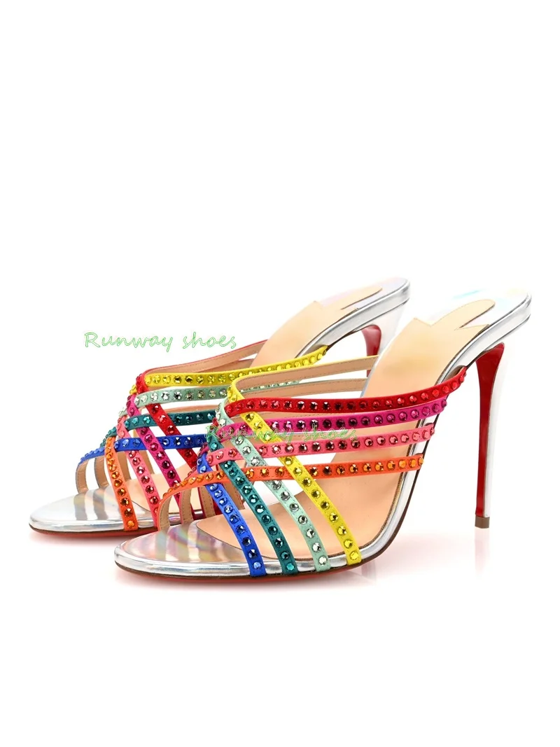 Multicolor Rhinestones Decorate Crystal Straps  High Heel Round Toe Cross Thin Strap Shallow Luxury Slippers Banquet Shoes 2026