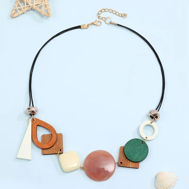Colgante de madera geométrico, suéter de eslabones ajustables, collar de cadena, regalos de fiesta de moda para mujer