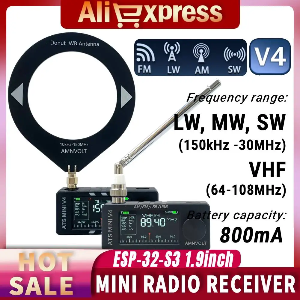 

AMNVOLT V4 ATS ESP-32-S3 MINI Radio 1.9inch IPS Screen Full Band DSP Radio AM FM Radio Receiver LSB USB Transistor Pocket Radios