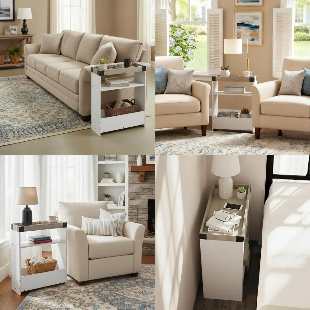 

Тонкий приставной столик из дуба и белого цвета с подносом и местом для хранения журналов для компактных помещений