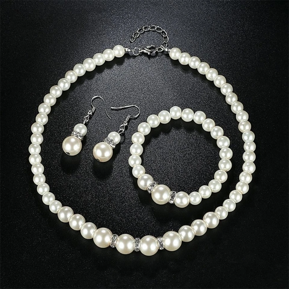 Pearl jewelry set Women's necklace earrings bracelet three-piece set for mother gift beautiful wedding photo accessories