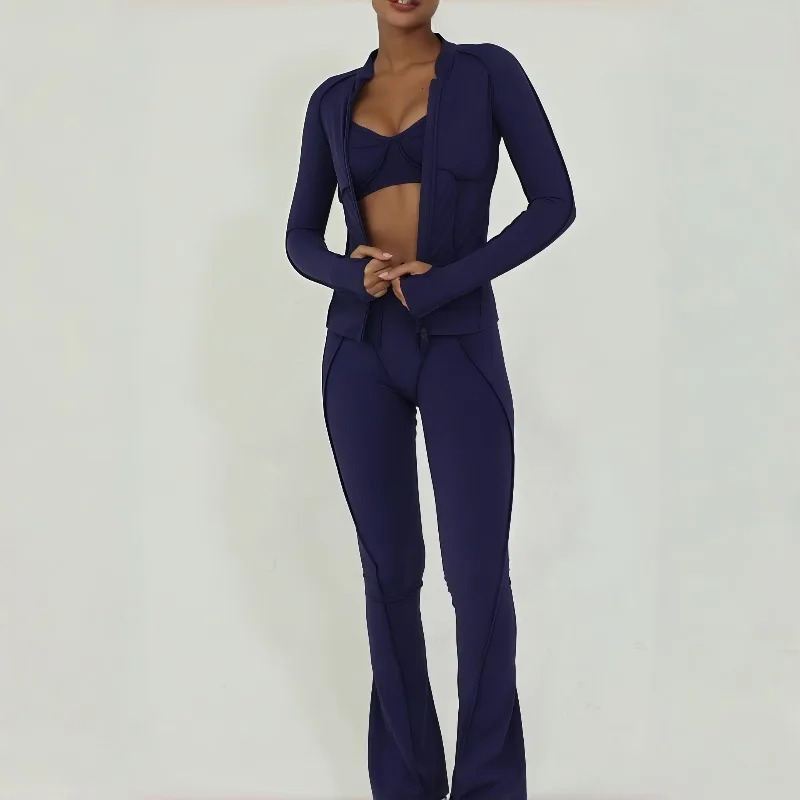 

Женский облегающий комплект для йоги с пескоструйной обработкой, универсальный комплект из трех предметов на молнии для похудения, спортивная одежда для отдыха и фитнеса на открытом воздухе