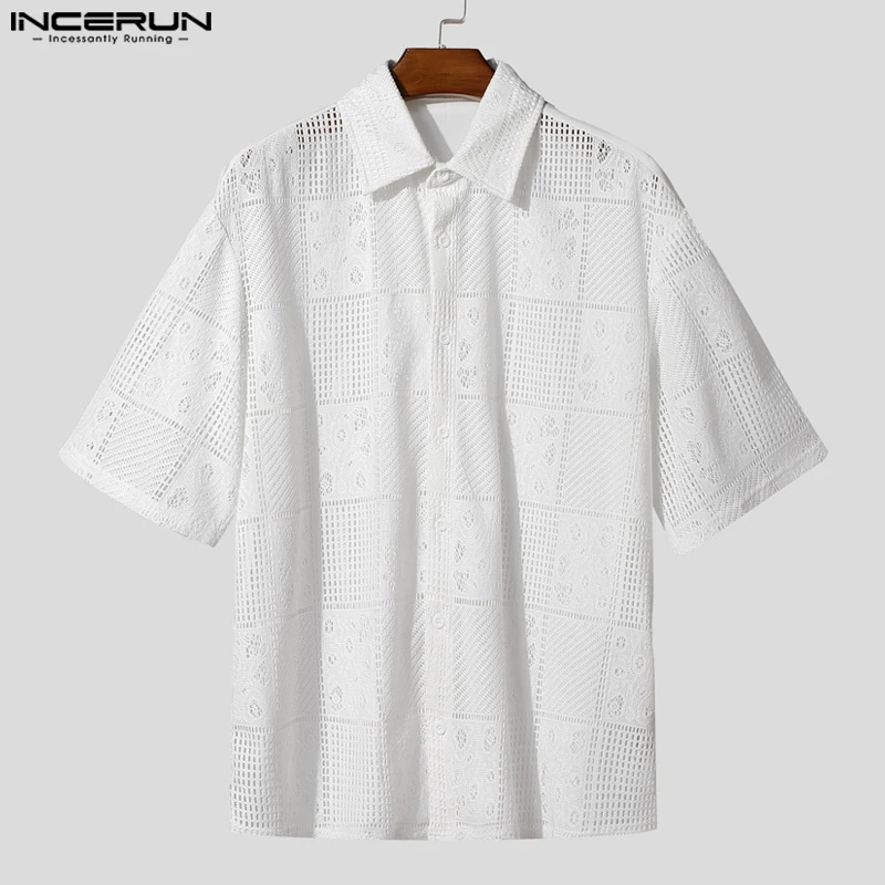 

INCERUN Men Shirt Mesh Lace Patchwork See Through Sexy Tops Lapel Short Sleeve Shirts Loose Streetwear 2025 Fashion Men Clothing