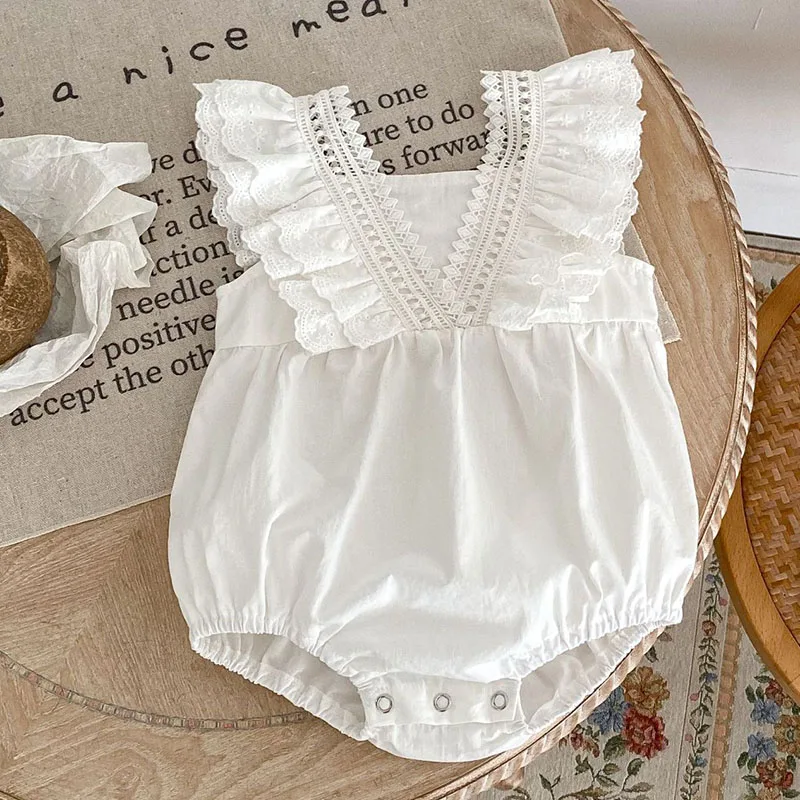 2025 New Summer Toddler Baby Girls Jumpsuit Sleeveless Solid Color Lace Splicing Infant Baby Bodysuits 0-24M Baby Girls Clothing