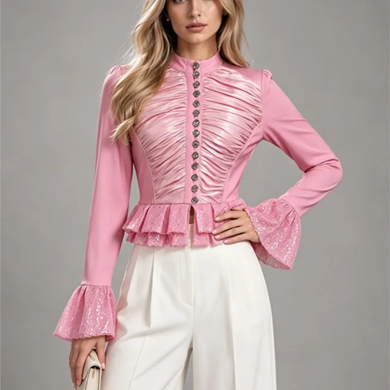 EDGLuLu 2026 Autumn New Fashion Round Neck Single Breasted Pink Suit Jacket Woman Bell Sleeve Splicing Sequins Short Coat 0923