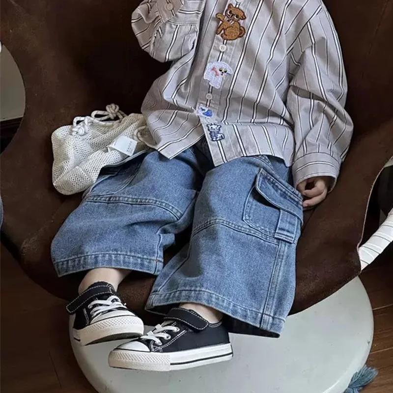 Boys Spring Cargo Jeans 2025 New Children Hundreds Loose Pants Small Kids Autumn Casual Straight Trousers Girls Fashion Clothes