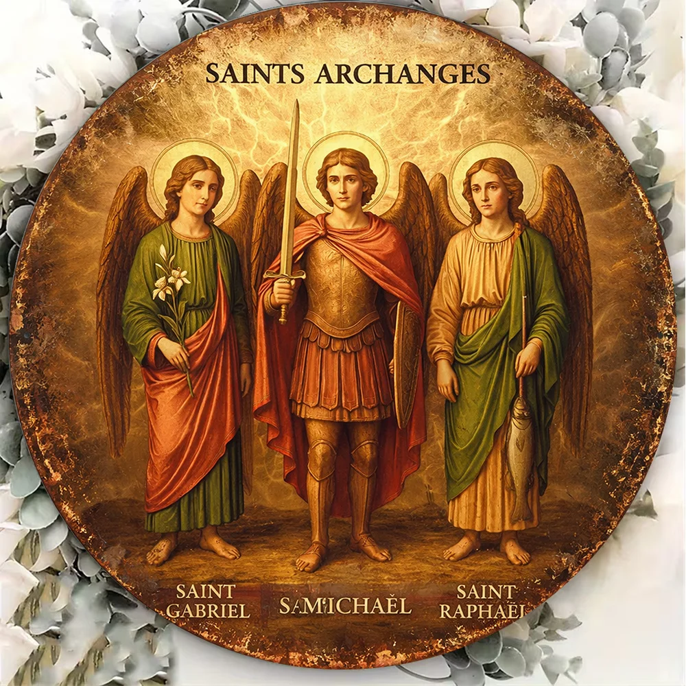 2D Flat, 1pc 1 Saint Holy Angels Wall Plaque - St. Michael St. Gabriel St. Raphael Religious Sign, Round Suitable for Church Cha