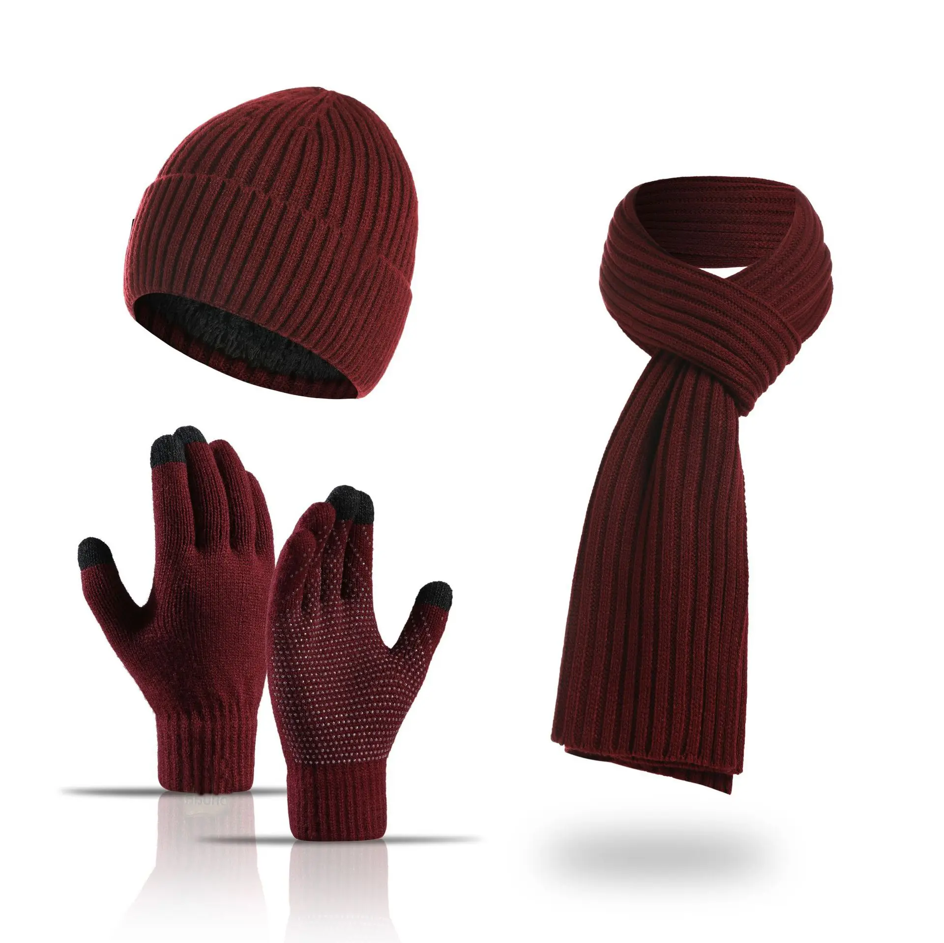 Conjunto de gorro y bufanda informal de punto, guantes de piel, ropa de invierno, 2024