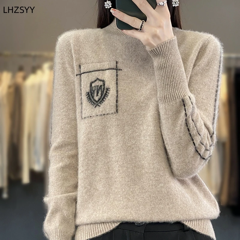 LHZSYY 100%Merino Wool Sweater Women Jacquard Loose Pullovers Autumn Winter Half-high-Neck Fashion Tops Cashmere Knit Base Shirt