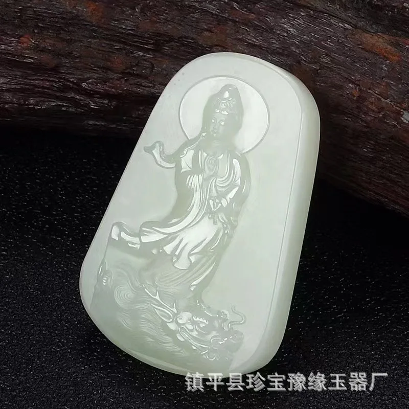 Hetian Jade Riding Dripping Hanging Pendant Standing Guanyin Buddha Statue Men