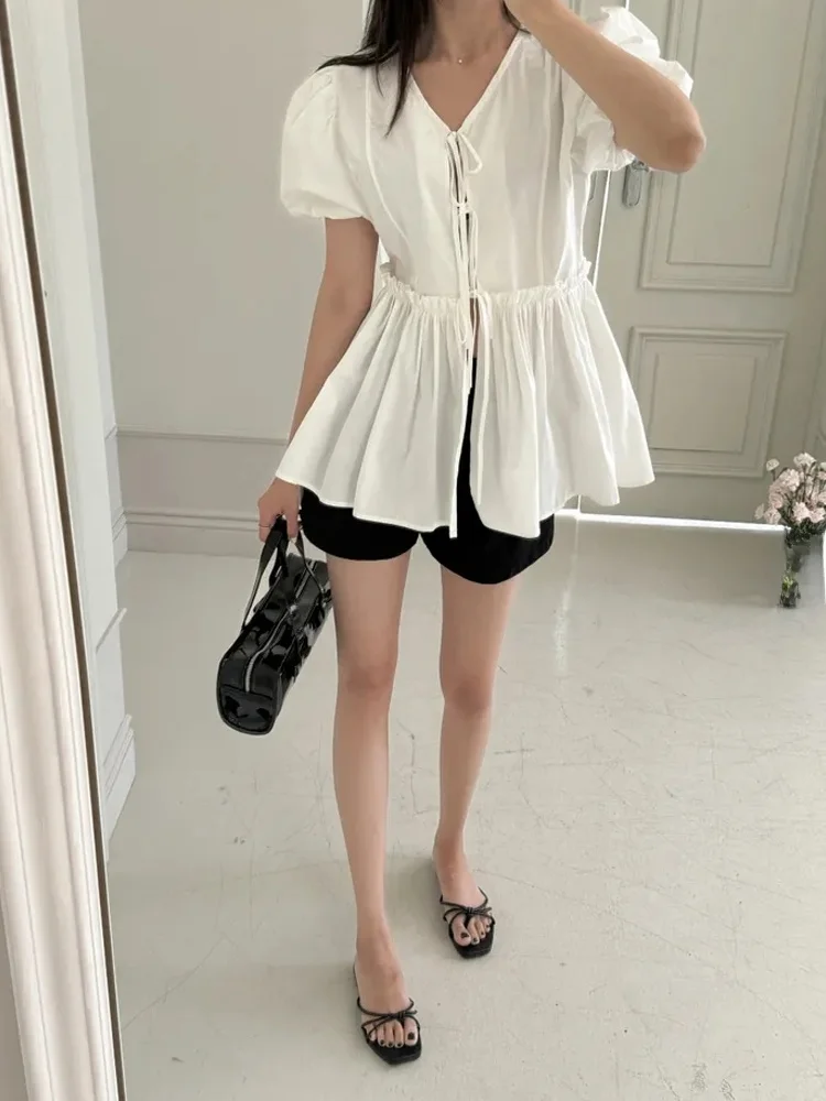 Haut blanc Chic d'été irt pour femmes, bulle vacillante à la taille, Sve v-ne Puff, détail Floral, coupe ample coréenne