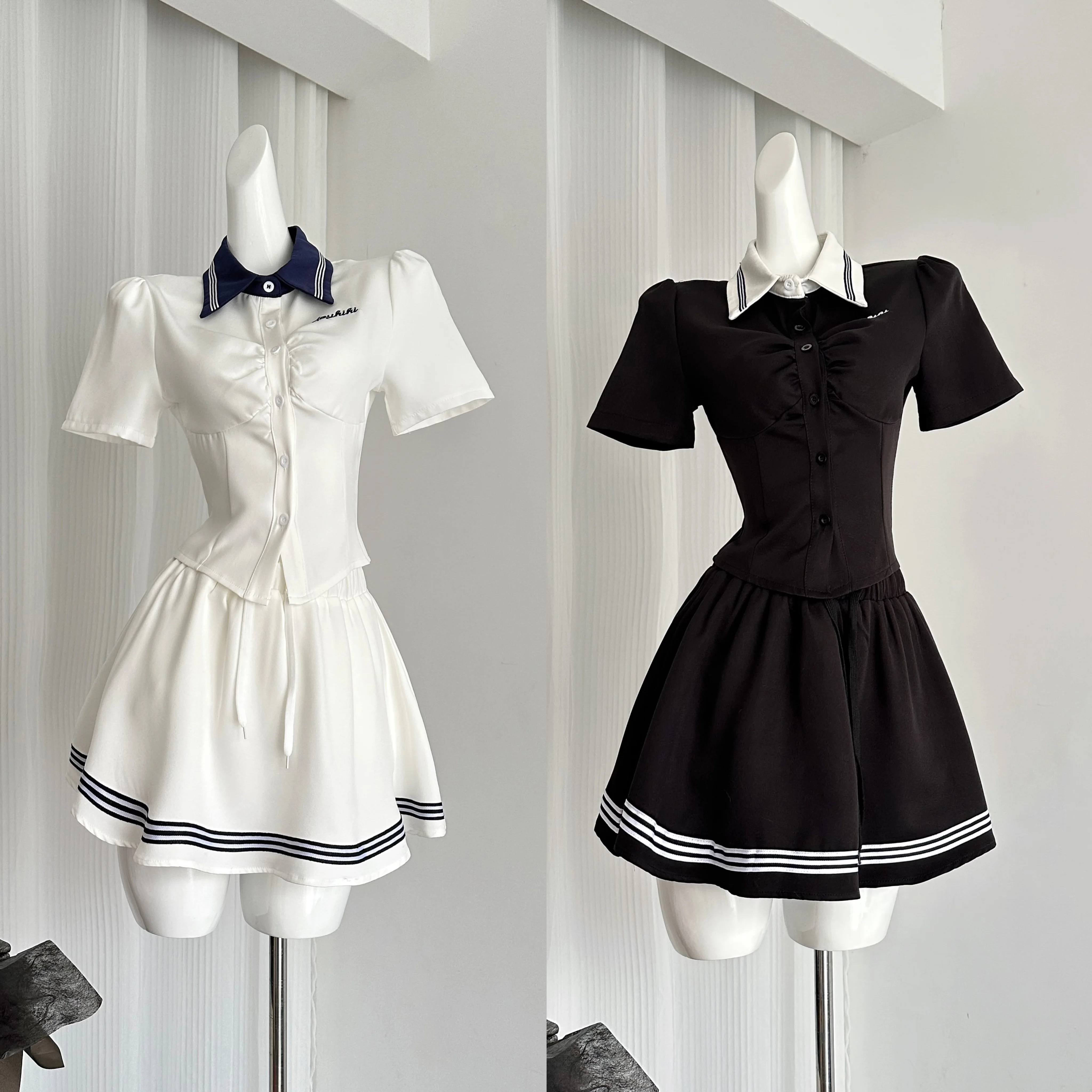 Women White Skirt Sets Suit Vintage Short Sleeve Shirt and A-Line Mini Skirts Y2k Uniform New Matching Sets 2000s Clothes Summer