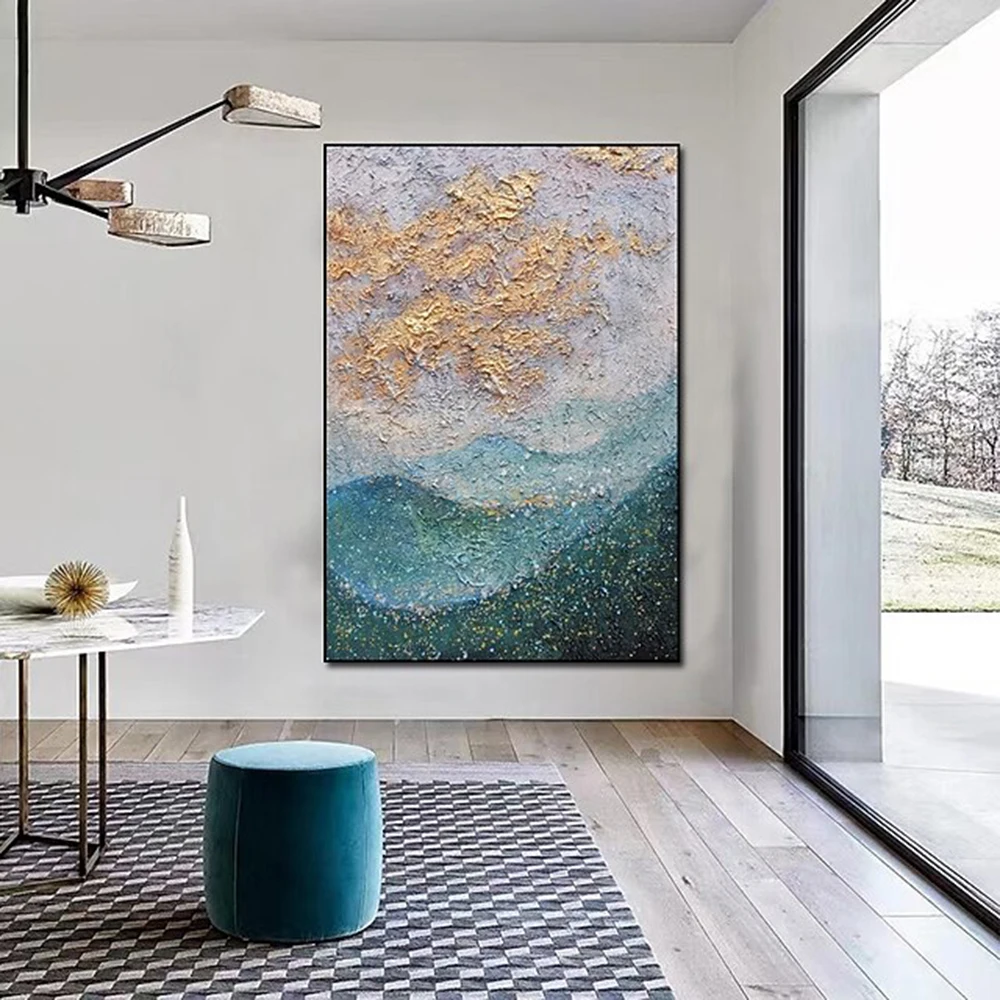 

Handmade Hand Painted Oil Painting Wall Art Gold Green Mountain Aisle Living Room Bedroom Wall Luxurious Decorative Painting