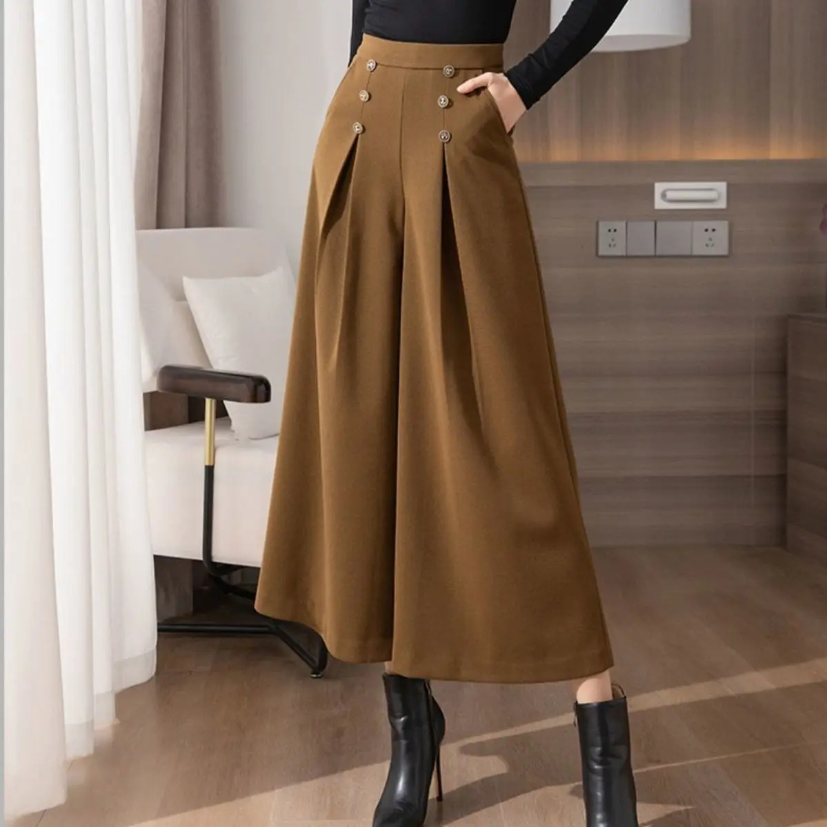 Nine-point Wide-leg Pants For Spring Fashion Casual Skirt Pants Double-breasted Swing Bell Bottoms Clothes Women Black Ginger