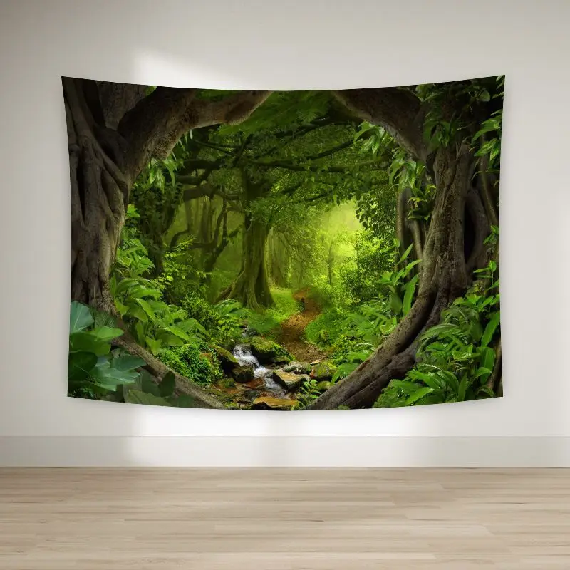 VIKAMA Misty Stream Forest Tapestry Wall Hanging for Living Room Bedroom Tea Room Wall Art Natural Boho Home Decor