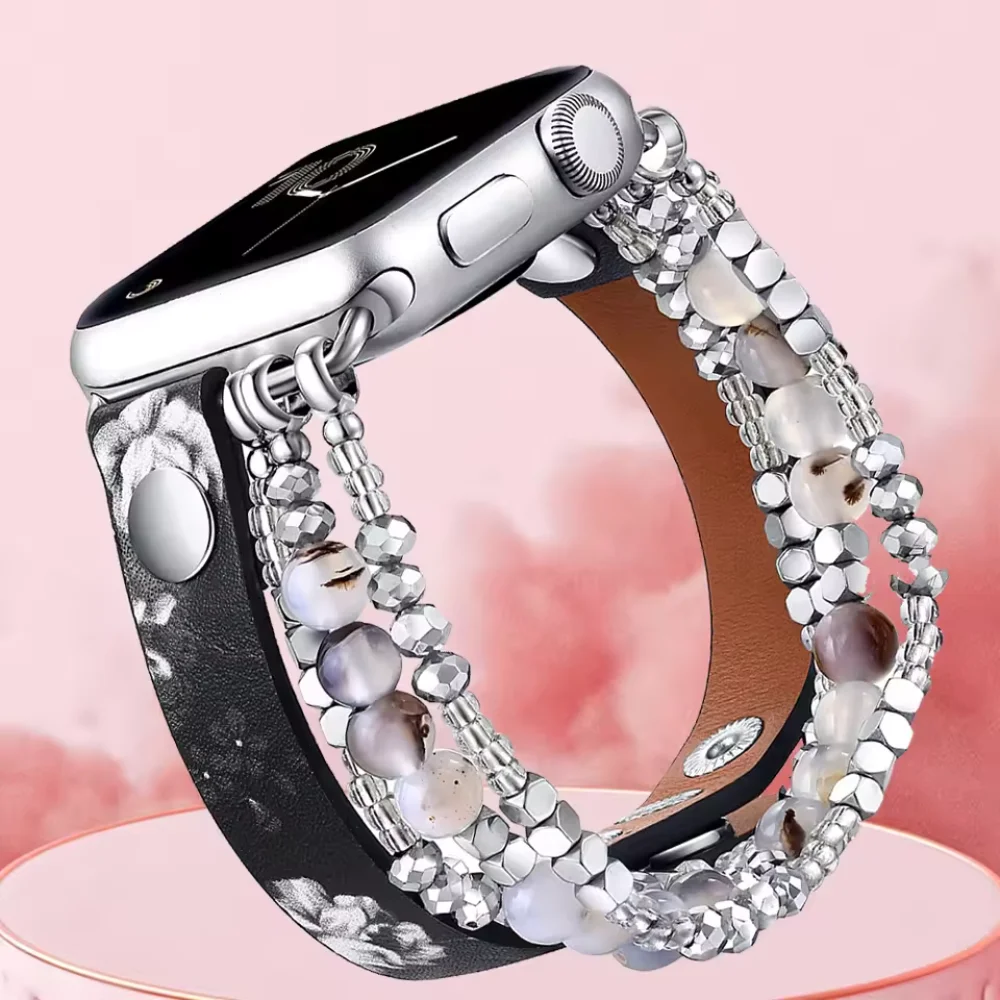 Leather+Jewellery Strap for Apple Watch Band Ultra 49mm 10 46mm 42mm Bracelet iWatch for 9 8 7 45mm 41mm 6 5 4 SE 44mm 40mm Belt