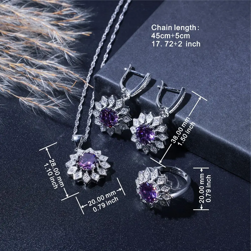 Elegant Purple Zircon Flower Jewelry Set For Women - Includes Bracelet, Earrings, Necklace Ring For Daily Wear & Gifting