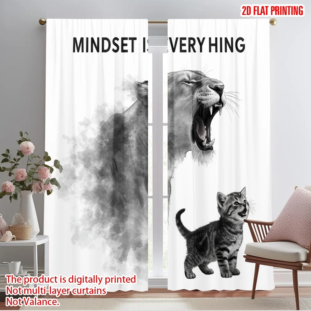 

2pcs 2D flat printing Party Window Curtains MINDSET IS EVERYTHING LION CAT Polyester Without Electricity Holiday Decorations Use
