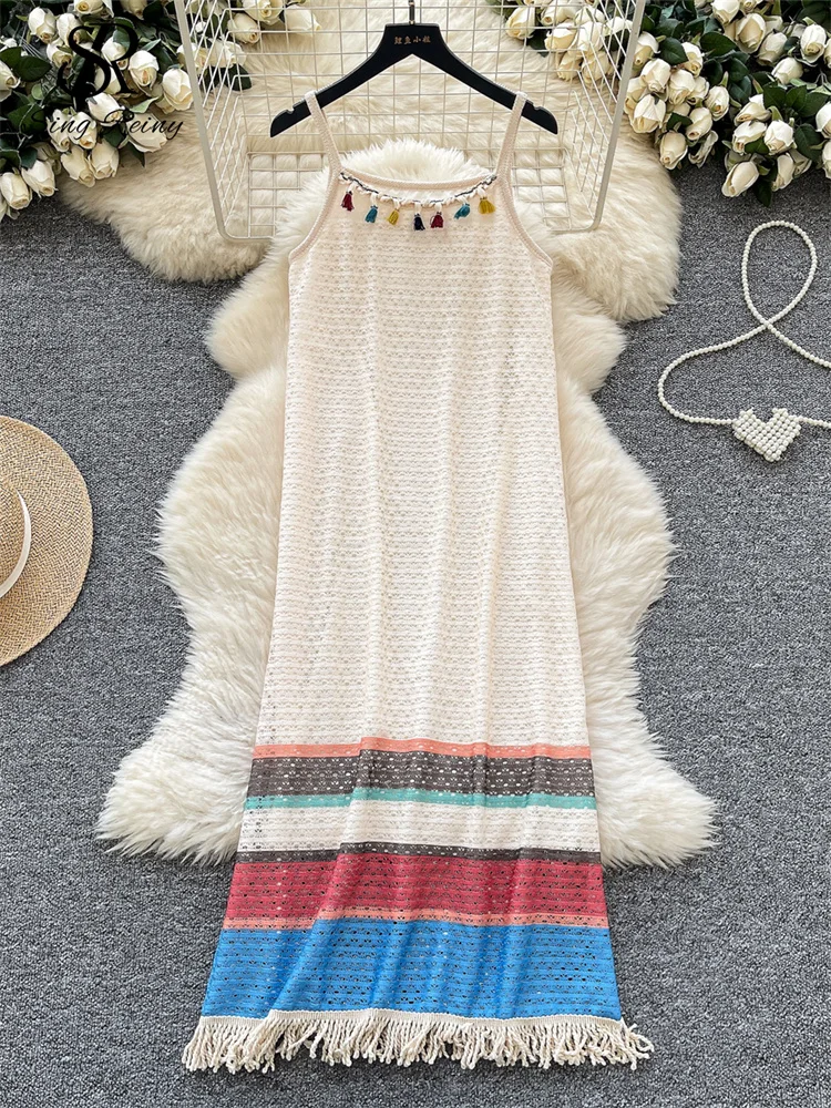 SINGREINY Fashion Knitting Tassel Bohemian Sundress Female Patchwork Loose Design 2025 Beachwear Spaghetti Strap Long Dress