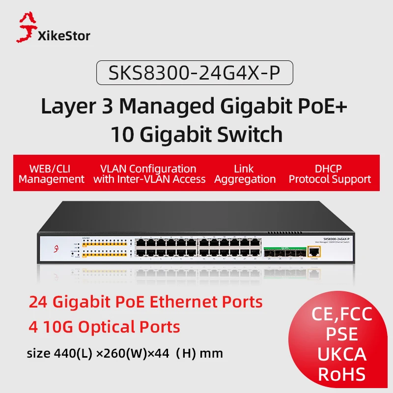 XikeStor Layer 3 managed POE with VLAN, link aggregation, and routing functions, featuring 24 Ethernet ports + 4 10G SFP ports