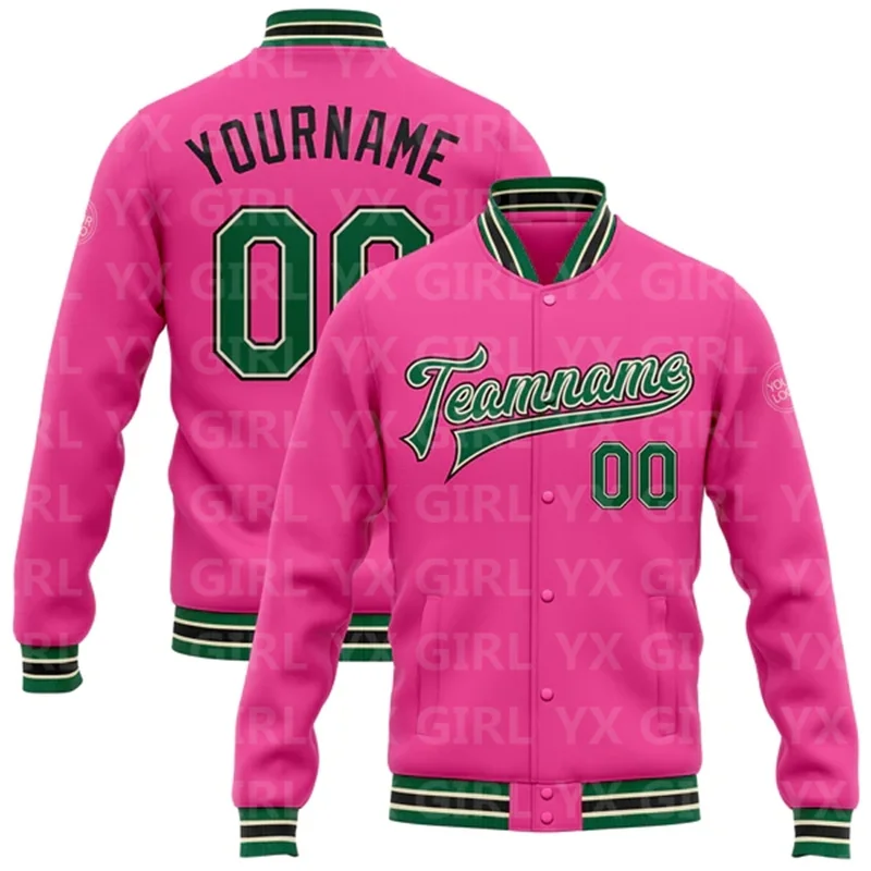 Custom Pink Black-White Bomber Full-Snap Varsity Letterman Two Tone Jacket 3D Printed Baseball Button Jacket