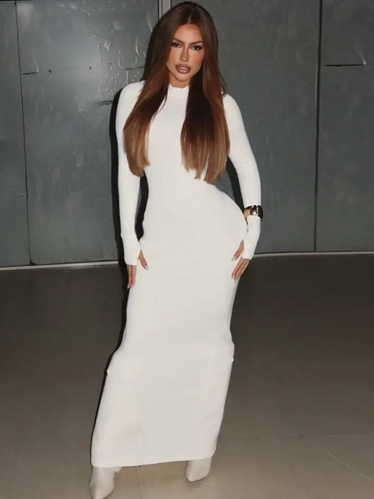 

Half High Collar Long Sleeve Sexy Maxi Dress Women Autumn Winter Elegant Solid Bodycon Club Party Long Dresses Female