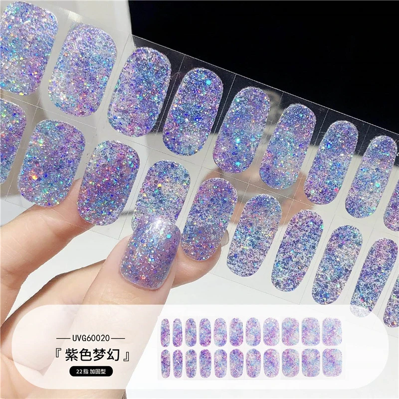 Fashion Glitter Nails Charm Stickers Semi Cured Gel Nail Stickers Wraps Gel Strips UV Lamp Need(Nail file, wooden stick)