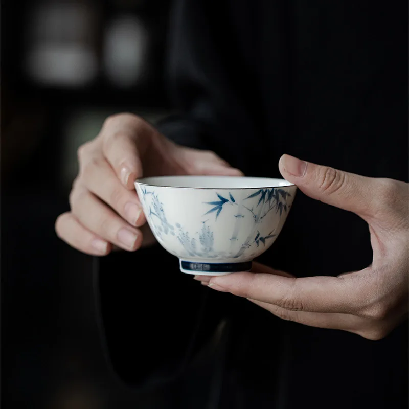 TeaCup Hand-Painted Bamboo Underglaze Colour Porcelain Home Decor Tea Ceremony Traditional Chinese Ceramic Master's Cup 80ml
