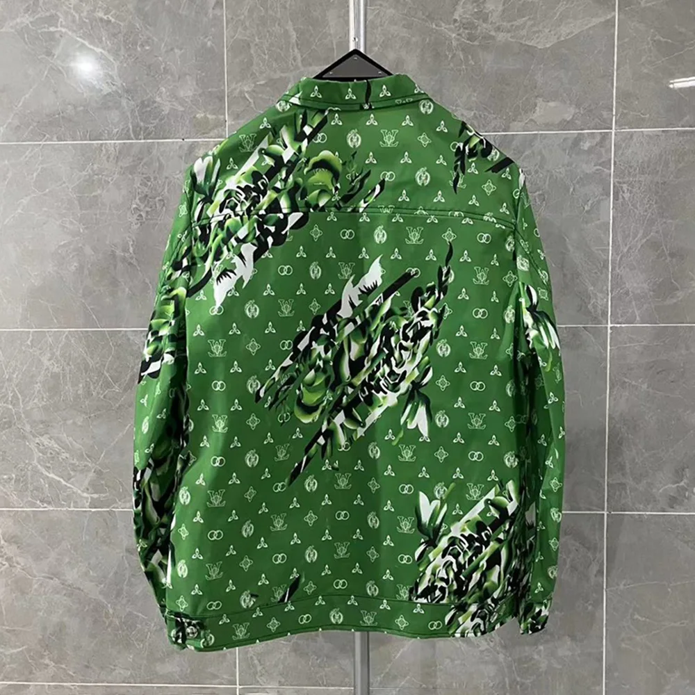 Mens Shirts Personality Pattern Full Print Trendy Green Lapel Pocket Button Design Jacket Casual Retro chic Tops New 2024 Summer