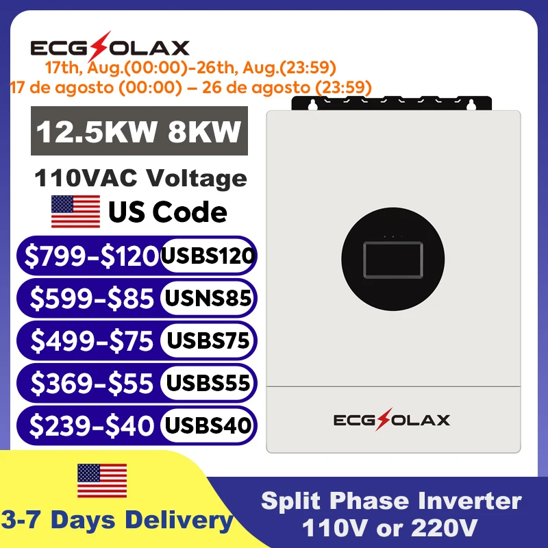 ECGSOLAX 12KW Split Phase Inverter 48V 110V or 220V Hybrid Solar Inverter Dual MPPT Off Grid MPPT 200A Charger Parallel Up to 6