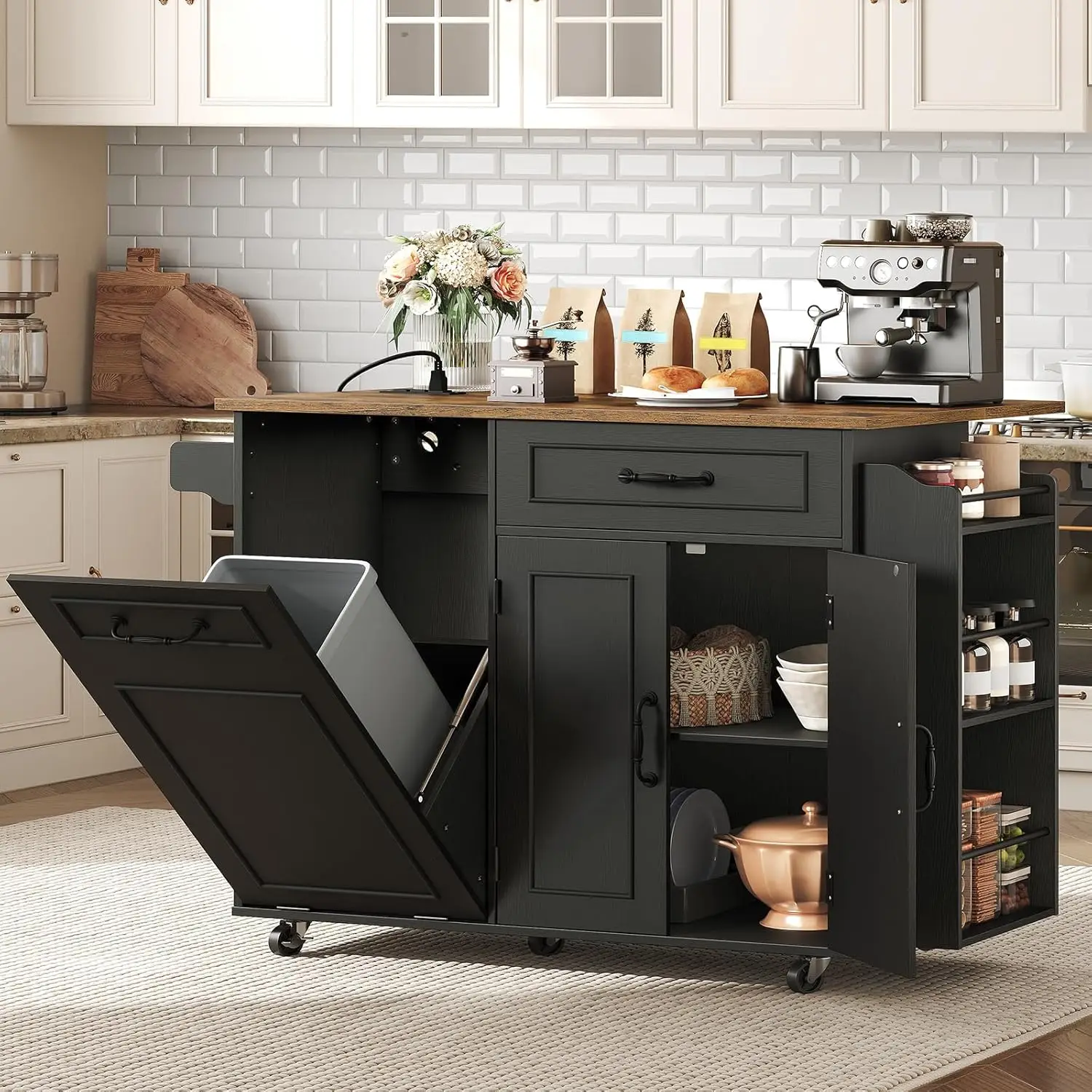

Kitchen Island with Power Outlet & Drop Leaf,Mobile Rolling Cart with Trash Can Storage,3-Tier Spice Rack,Black and Rustic Brown