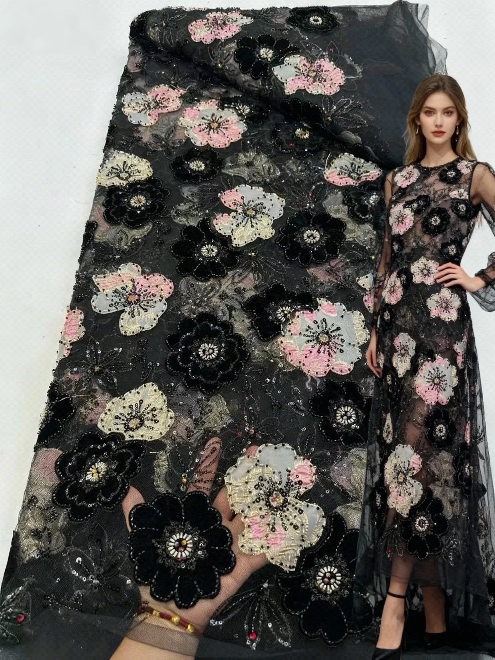 

French Flower Wedding Dress Lace Fabric 2025 African Nigerian Beaded Sequins Embroidered Lace Fabric for Wedding Party 5 Yards