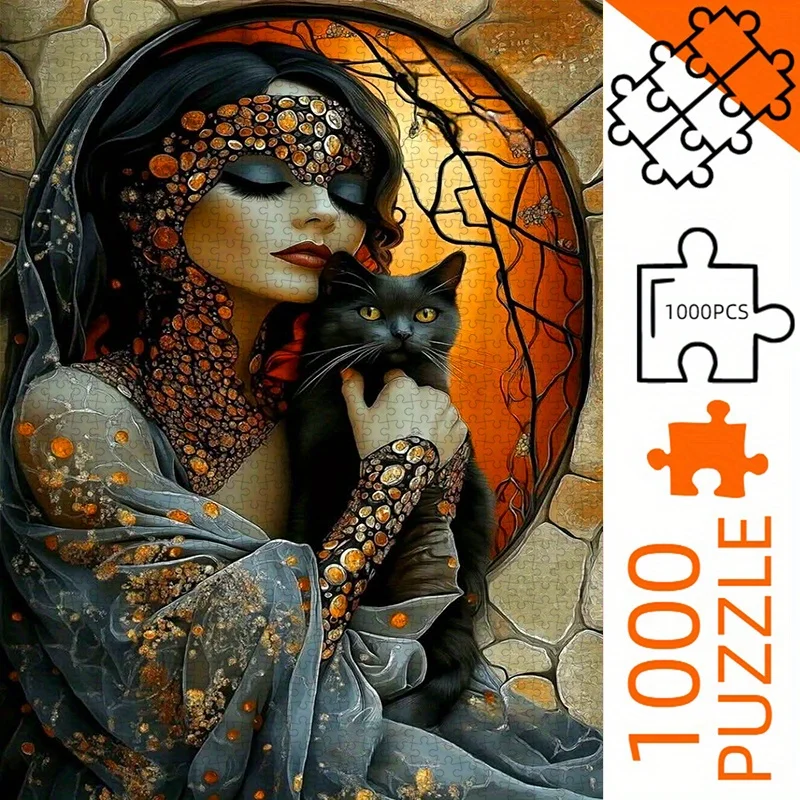 puzzle, DIY paper puzzle, mysterious woman and black cat fantasy, dark style, exquisite illustrations, adult puzzle. Suitable