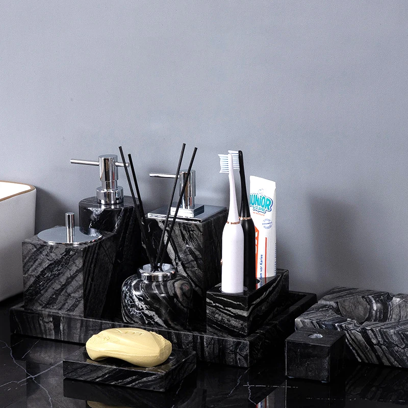 

Ancient Wood Grain Natural Marble Bathroom Set Retro Antique Luxury Soap Dispenser Toothbrush Holder Tray Bathroom Accessories