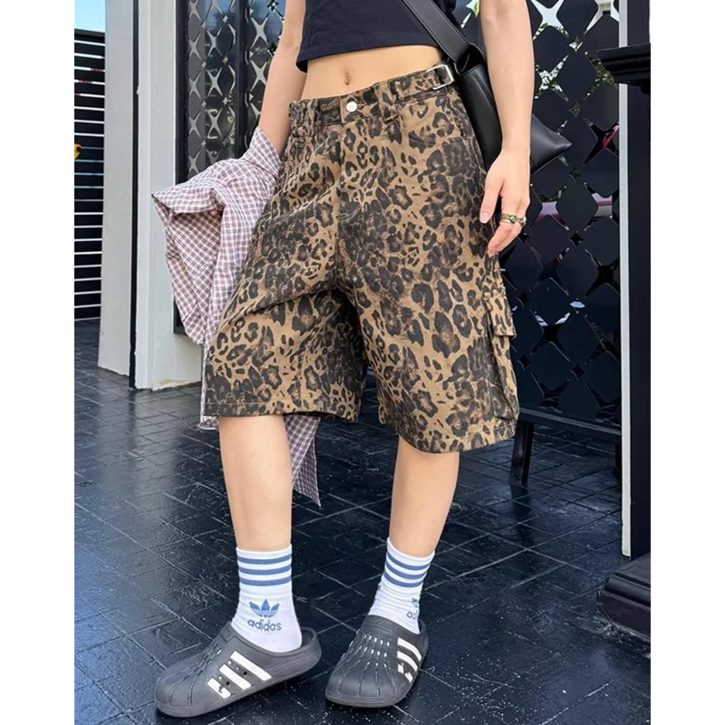 Women\'s Shorts Jeans Leopard Print High Waist Straight Pants Streetwear Cargo Y2K Vintage Female Wide Leg Denim Shorts Pants