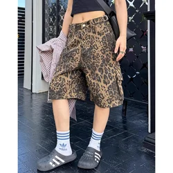 Women's Shorts Jeans Leopard Print High Waist Straight Pants Streetwear Cargo Y2K Vintage Female Wide Leg Denim Shorts Pants