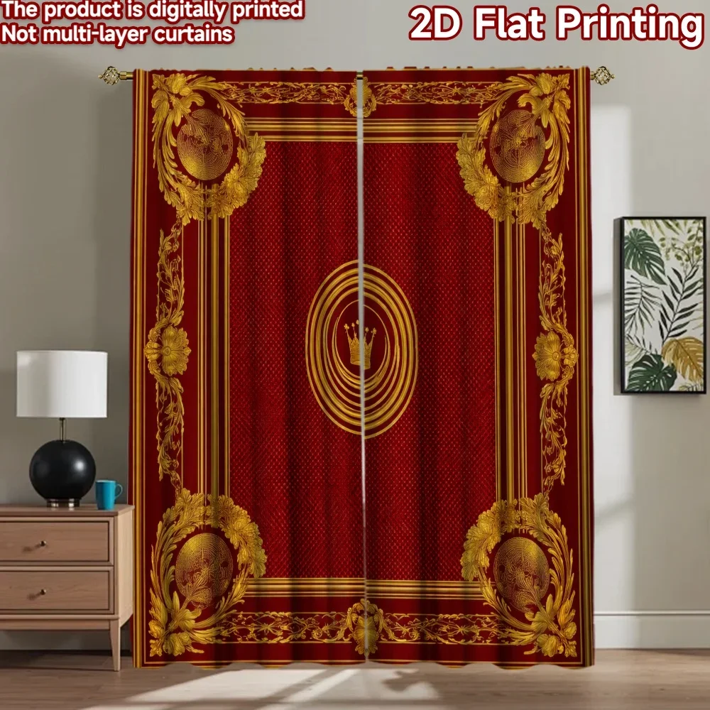Red and Gold Royal Baroque Curtain Pair Two Pieces Luxurious Digital Print Drapes for Living Room and Bedroom Home Decoration