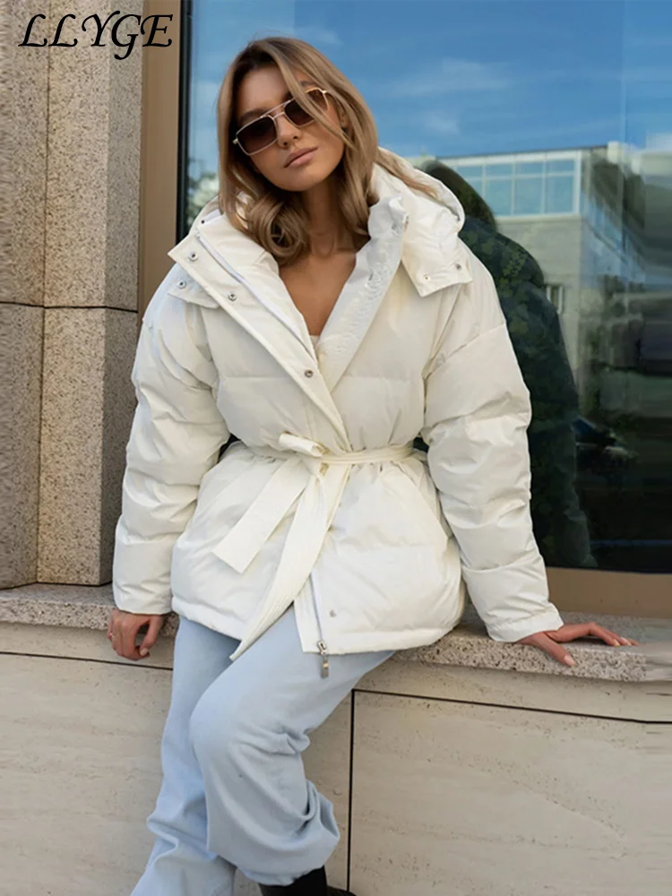 Elegant Women's Hooded Down Jacket With Belt Slim Lapel Zipper Full Sleeve Female Coats 2024 Winter Lady Solid Thicken Outwear