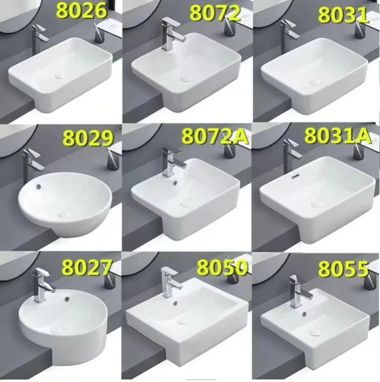 Lavabo semiempotrado Lavabo cuadrado de cerámica en el lavabo medio Lavabo redondo semi colgante