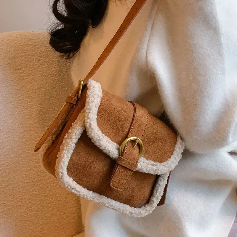 

New Autumn Winter Plush Bag Women's Korean Retro Small Square Handbags Suede Lamb Wool Patchwork Shoulder Crossbody Bags