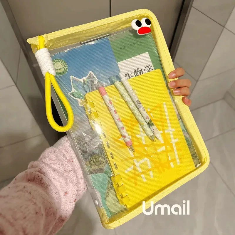 Macaron Transparent Large Capacity A4 File Bag Student Handheld Thickened Waterproof Storage Bag For Textbook Zipper Style