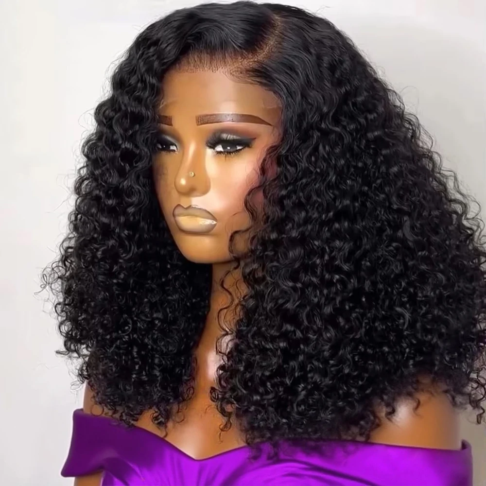 

Бразильский парик с глубокими волнами, 13x4, бесклеевой кружевной фронтальный парик, человеческие волосы, естественная линия волос, короткий вьющийся парик Remy, предварительно выщипанные детские волосы