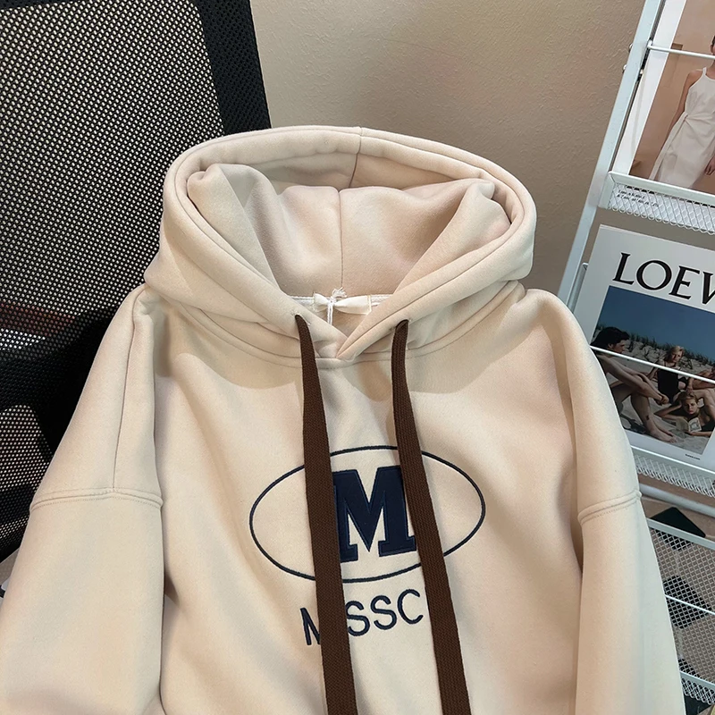 Fleece Thickened Shearling Hooded Sweatshirt Women Autumn Winter New Monogram Embroidery Hoodies Loose Versatile Midi Coat